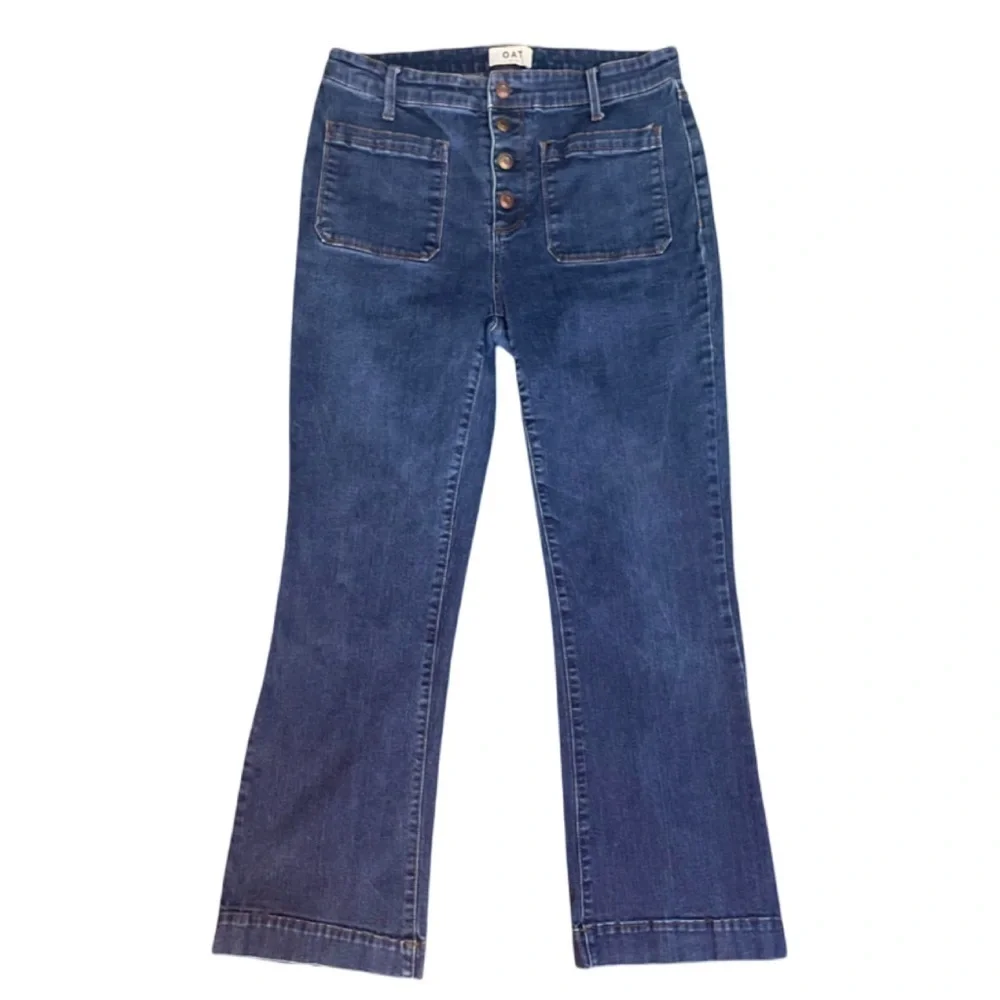 OAT New York Wide Leg Wide Hem Button Close Sailor Style Blue Denim Jean Size 29